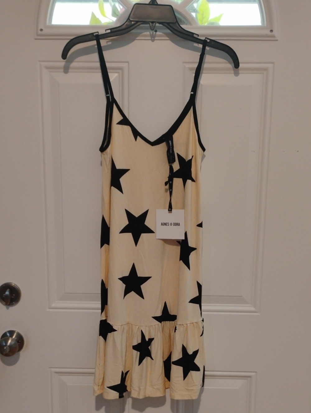 Agnes & Dora Cream Slip Dress with Black Star Print